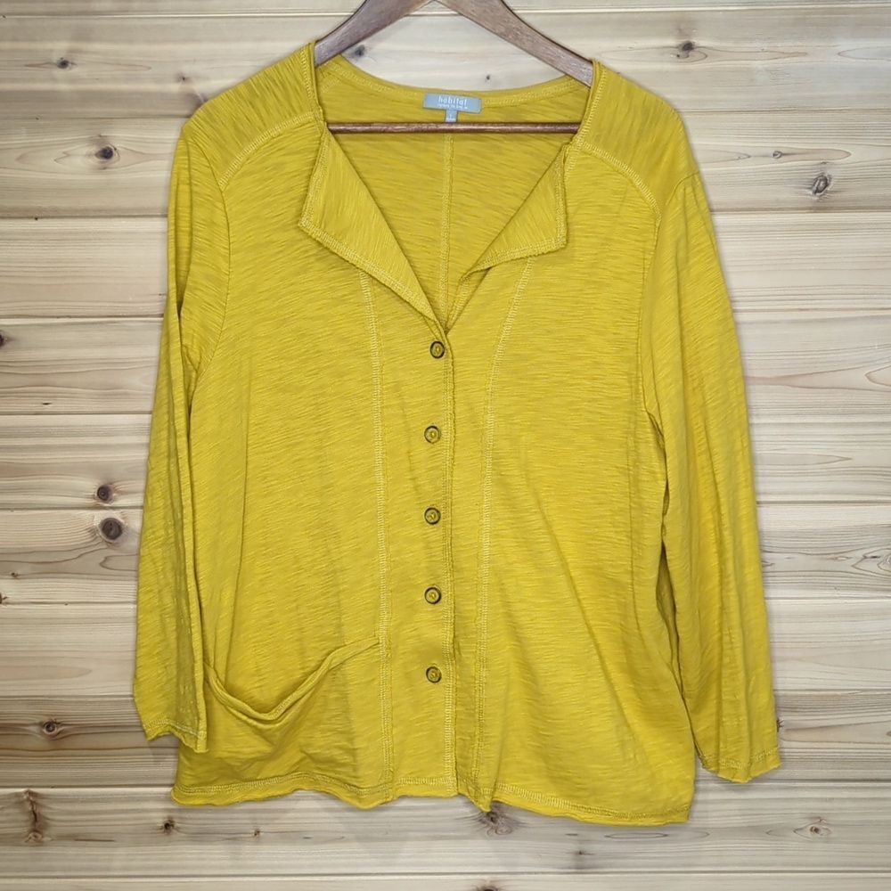 Habitat Top Womens Large Yellow Button Front Casual Tee Art Boho